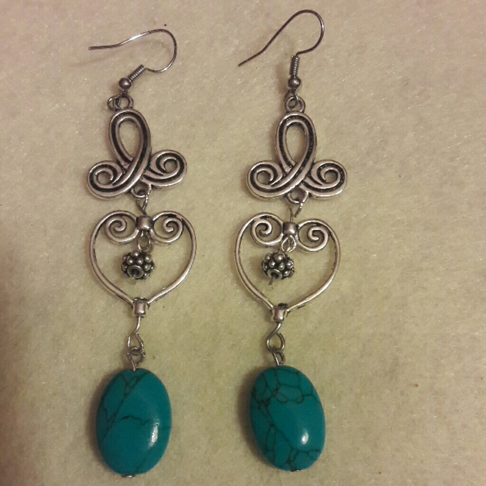 DebbBees #180 Turquoise Heart Ribbon Earrings